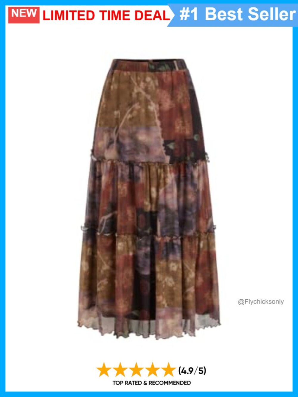 Floral Tiered Maxi Skirt Pockets Flowy Boho Long Skirt High Stretch